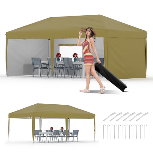 10x20 Pop Up Canopy with 0/4/6 Sidewalls, Beach Ten with One Push Setup, Heavy Duty Outdoor Instant Canopy Tent with Portable Roller Bag, Silver Coate