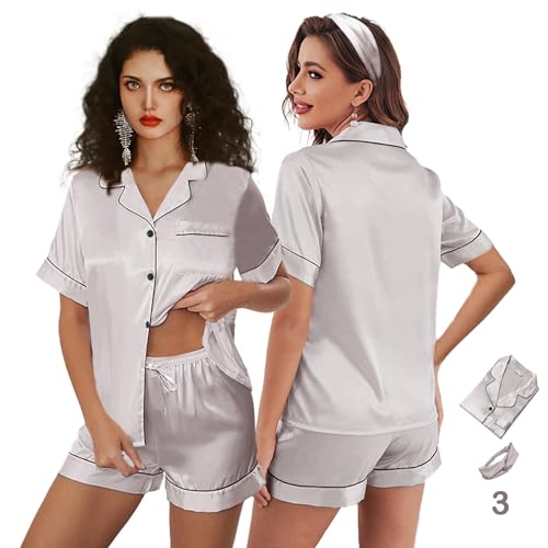 Image of 3Pcs Silk Pajamas XS-4XL Womens Satin Pajama Short Floral Sleepwear Bride Soft Pj Lounge Sets Pjs Shorts Set