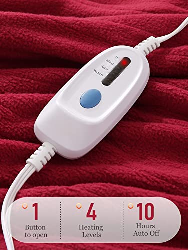 Electric Heated Blanket 62\'\' x 84\'\' Twin Size, 4 Heating Levels & 10 Hours Auto Off, Full Body Warming with Fast Heating & Machine Washable, Lightweight Cozy Soft Fleece for Home Use