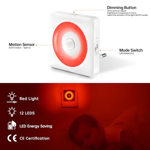 Miniatura 3 de Swoieltr Led Luz Con Sensor De Movimiento, 2pcs Luce Notturna Bambini Da Presa, Modo Sensor O Siempre Encendida, Brillo Regulable, Certificación Ce, Ideal Para Dormitorio, Sala De Estar Y Baño Rojo