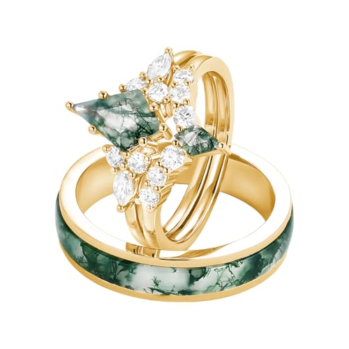 Natural Kite Cut Moss Agate Couple Wedding Rings Sets, S925 10K 14K 18K Gold Moissanite Engagement Rings Set for Man and Women, Customized His and Her 3pcs Green Promise Bands for Anniversary
