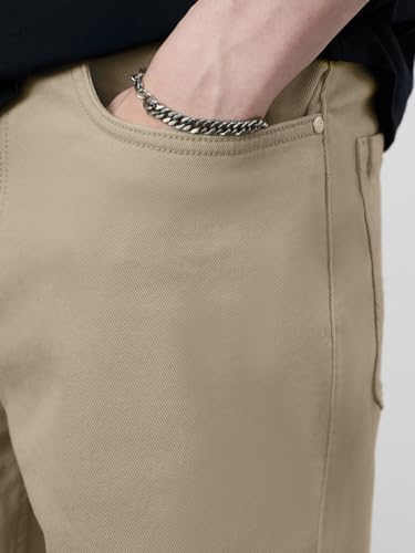 Image of The Souled Store Denim Shorts: Creamy Beige Men and Boys Button Regular Fit Knee Length Cotton Denim Shorts