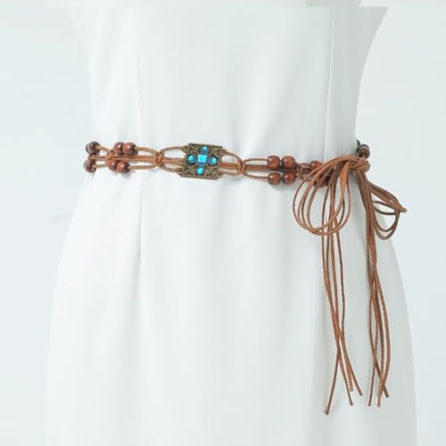 Boho Turquoise Belt for Women Rope Braided Waist Belts Dress Western Hand-Woven with Beaded Tassel