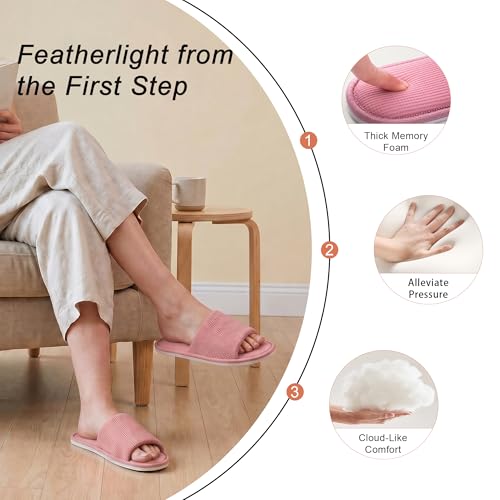 Image of Women's Open Toe House Slippers - Breathable Waffle Fabric, Memory Foam Cushioning, Slip-On Summer Indoor Slippers, Non-Slip TPR Sole, Easy Care