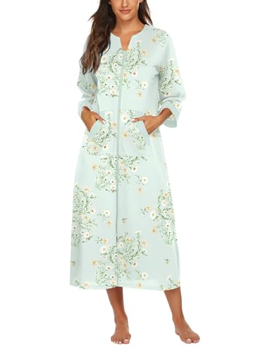 Image of Ekouaer Women Zipper Robe 3 /4 Sleeves Loungewear Dress Full Length Sleepwear Pockets Housecoat Nightgown Long Bathrobe