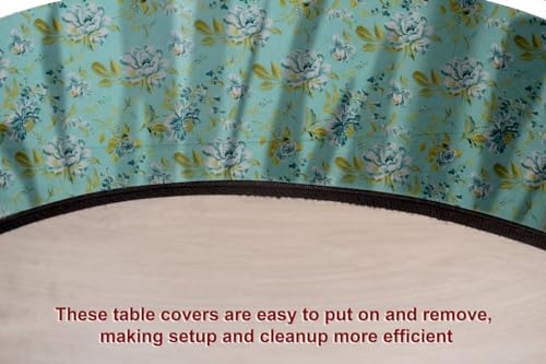 Image of The Furnishing Tree Elastic Cotton Round Dining Table Cover 36x36 in Inches Floral Golden Leaf on Blue Base