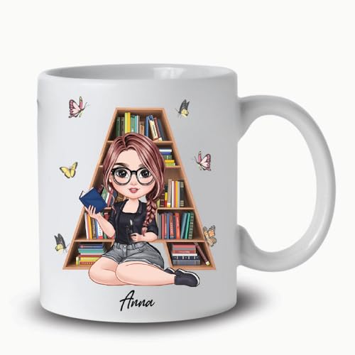 Image of Personalized Books Lover Mug, 11oz 15 oz Ceramic Coffee Cup, Just A Girl Who Loves Reading Books Design, Gift for Women Readers, Christmas (Alphabet-Girl)