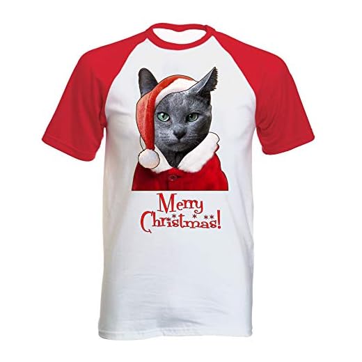 teesquare1st mäns god jul rysk blå katt jultomte röd kortärmad t-shirt