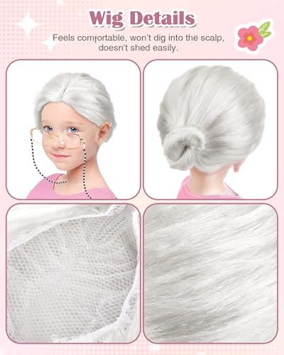 Gleamkid Old Lady Costume for Kids: 100 Days of School Costume for Girls 100th Day of School Granny Dress up Accessories with Wig, Glasses Wrinkle Tattoo Stickers, Cane, Jewelries, Grandma Cosplay Kit — view 5