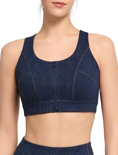 Yvette Zip Front Sports Bras for Women High Impact Racerback Sports Bra Full Support No Bounce for Large Breasts,Blue,M+