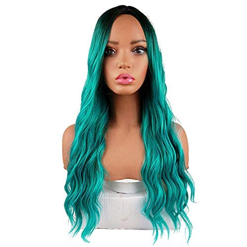 Aidusa Long Wigs Bluish Green Wavy Wigs For White Women Ombre Turquoise Color Long Wig Mermaid Teal Wigs For Women Wavy Blue Wig Synthetic Wigs Aqua Blue Wig Middle Part 26" Wigs (Black To Blue) #TOP1