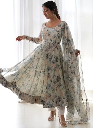 Image of Shasmi Women's Georgette Anarkali Floral Printed Kurta With Pant & Dupatta (Ankle Length Dress 114)