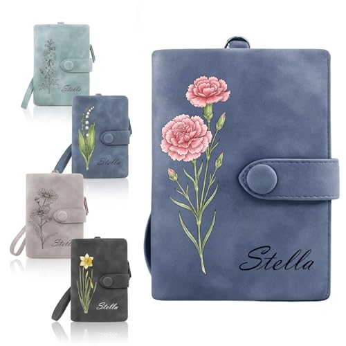 Image of Custom Wallet for Women Personalized Birth Flower & Name Purse Soft Leather Bifold Clutch with Strap Customized Gift for Mom Girlfriend