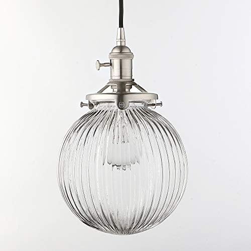 Yosoan Vintage Edison Switch Pendant Light Fiting with Ribbed Globe Glass Shade, Industrial Pendant Light Fitting Chandelier for Kitchen Dining Room Bedroom Restaurant (Brushed)