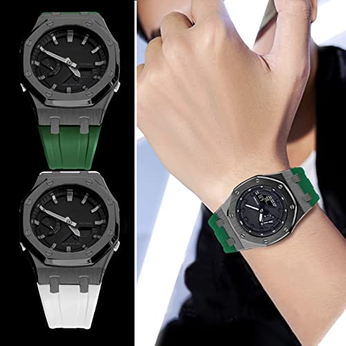 Image of GA2100 Stainless Steel Watch Case with Metal Watchband and Rubber Strap Mod Kit - Compatible with GA-2100 /GA-2110 /GA-B2100 Series - Watch Part Replacement