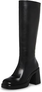 SOVANYOU Women's Black Faux Leather Knee-High Platform Boots - Square Toe Chunky Block Heel Side Zip 3.15"
