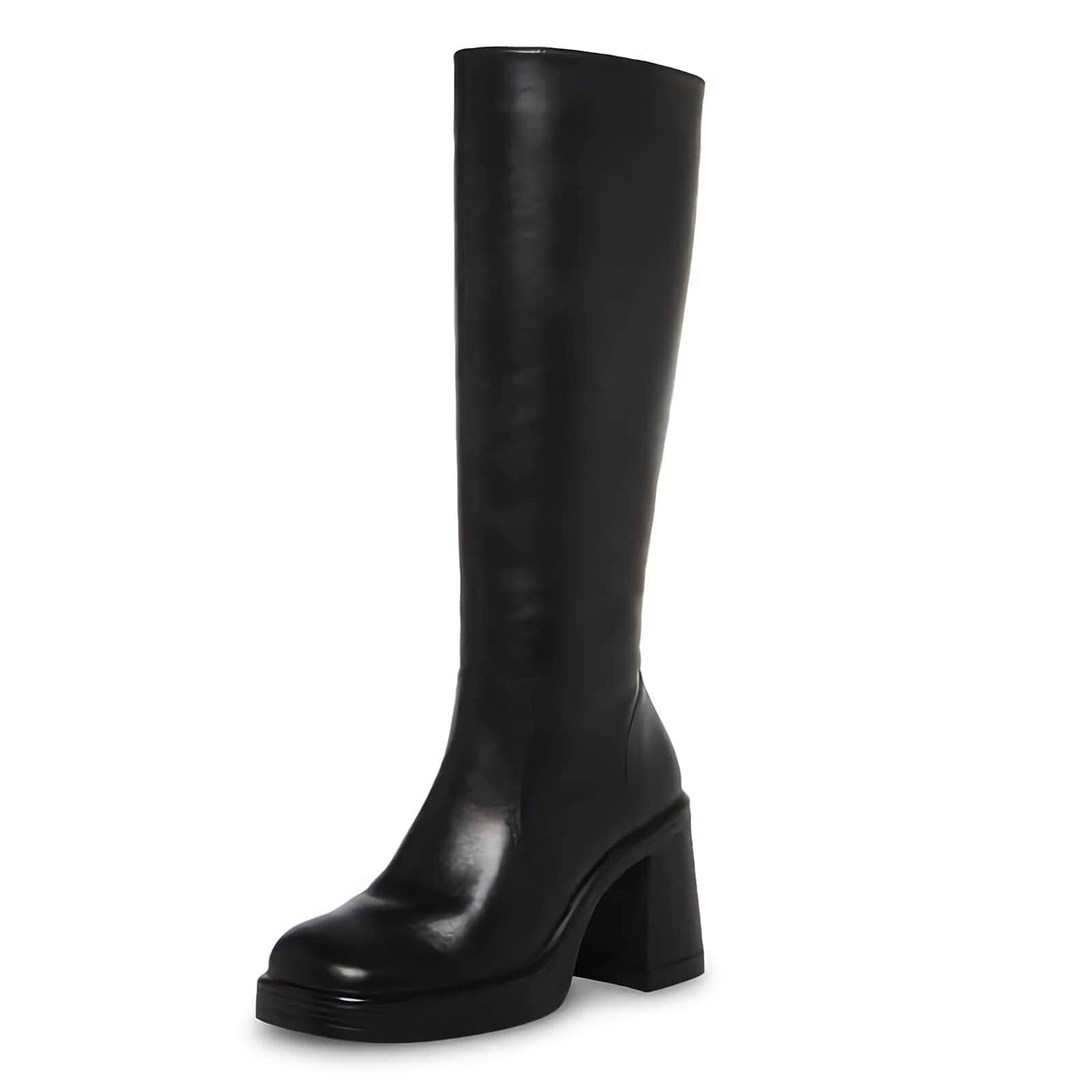 SOVANYOU Black Leather Boots Platform Boots for Women Fashion Square Toe Chunky Block Heeled Boots Side Zip