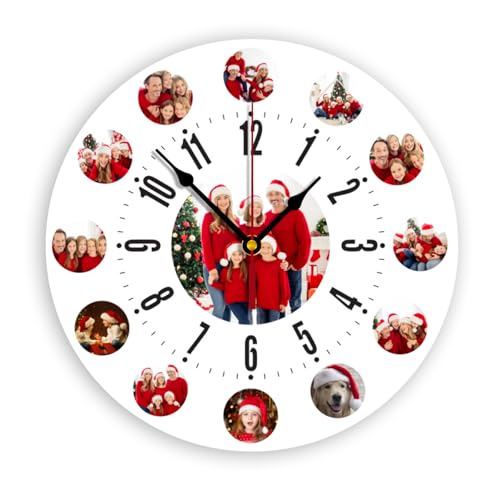 Orologio da parete personalizzato con foto, rotondo, quadrato, silenzioso, con immagine e logo, per soggiorno, cucina, bagno, funzionamento a batteria, PVC, (25-30 cm) (12 foto rotonde)
