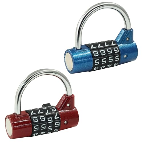 Image of Hitefu 2 Packs 4 Digit Combination Lock, Numbers Gym Locker Lock, Heavyduty Safety Padlock for School, Toolbox, Cabinet, Hasp, Gate (Blue & Red)