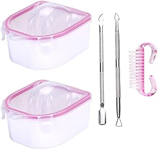 Nail Soaking Bowl Set, 2PCS Finger Soaking Bowl Handle Grip Nail Brush Triangle Cuticle Peeler and Stainless Steel Cuticle Pusher Nail Art Tool for Fingernail Toenail Caring Cleaning Brushes Kit