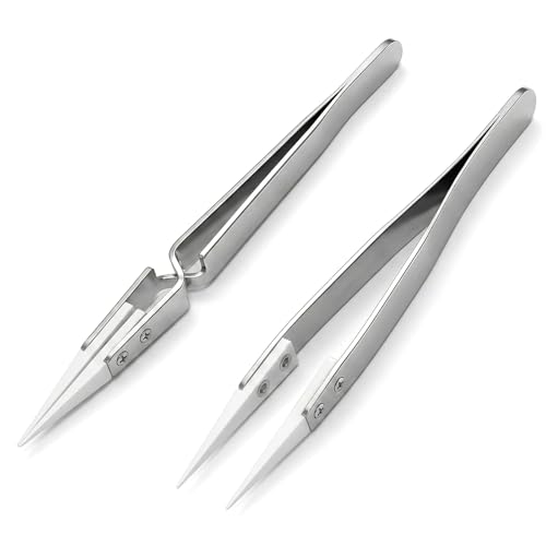 2 PCS White Pointed Ceramic Tips Tweezer, Precision Reverse Ceramic Tweezers Set, Non-conductive, Anti-Magnetic, And Heat-Resistant Electronics Soldering Tweezers for Electronics Repair DIY Crafting