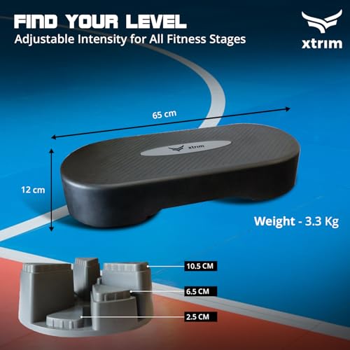 XTRIM Aerobic Stepper Without Height Adjustments, Stepper with 2 Height Adjustments - 10 & 15cm, 4 Anti-Skid Rubber Pads for Legs, Slip-Resistant Platform, for Cardio Workout (Supports 250Kg Weight)