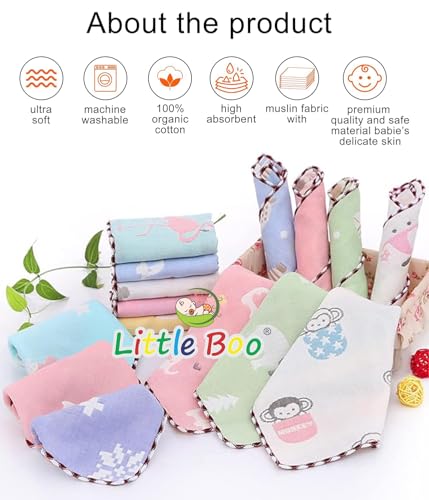 Image of Little Boo Muslin Face Hankies /Towels for Newborn Baby Extra Soft Reusable Napkins for Infants Toddlers /Kids (Pack of 5) Multicolor