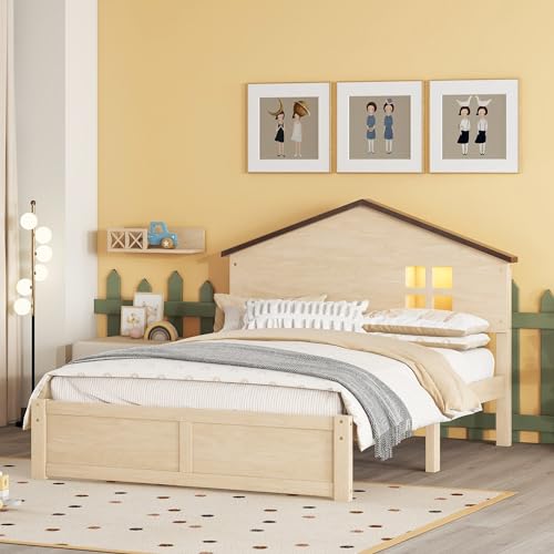 MQLAE Hausbett Kinderbett 140x 200cm, flaches Bett, kleine Fensterdekoration, Kopfteil mit LED-Nachtlicht, Jugendbett für Jungen und Mädchen, Rahmen aus Kiefernholz, Massivholz, Natur