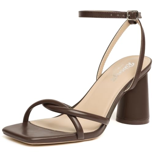 Image of RIBONGZ Block Heels Prom Heeled Sandals for Women Chunky Square Open Toe Strappy High Heels Ankle Strap Wedding Bridal Shoes High Heel Sandals for Party Dress
