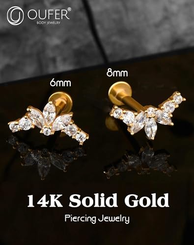 OUFER Helix Piercing Jewelry, 14K Solid Gold Cartilage Earrings, Clear CZ Lip Rings, Flat Back Helix Earrings, Internally Threaded Tragus Conch Lobe Piercing Jewelry, Labret Jewelry2