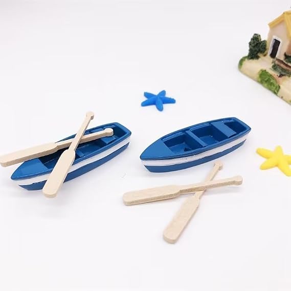 Mini Tiny Wooden Boat, Beach Style Miniature Ornament Kits for DIY Fairy Garden Dollhouse Decoration, Miniature Dollhouse Boat with Oars Canoe Model