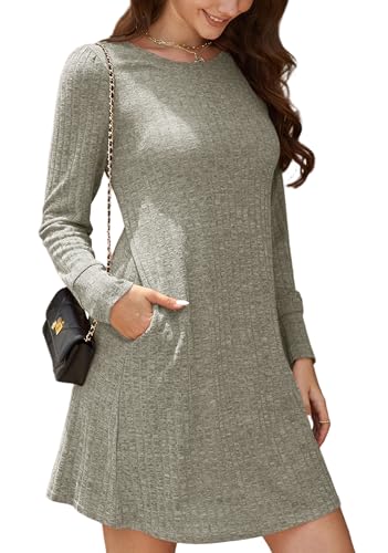 Enmain Strickkleid Damen Dunkles Khaki Kleider Pulloverkleid Frauen Winter Herbst Freizeit Kleid Langarm mit Rundhalsausschnitt und Taschen