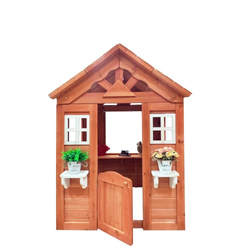 Outdoor Playhouse For Age 3-6 Years Boy Girl, Wooden Cottage Playhouse With Window & Flowerpot Holder, Play House For Outdoor Garden, Lawn, Patio, Yard. #TOP21
