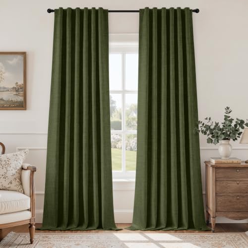 HOMEIDEAS 100% Blackout Olive Green Faux Linen Curtains 84''L 2 Panels