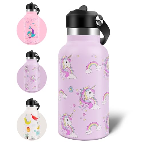 AMFUN Botella de Agua para Niños de Acero Inoxidable 350ml, Púrpura Botella de Agua Aislada, Botella Termica con Pajita, Reutilizable, Sin BPA, Doble Pared, Sin Fugas, Asa de Transporte