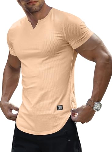 Meilicloth Mens Tops T-Shirt Homme Slim Fit Col en V Haut Sportif pour Course Couleur Abricot 3XL