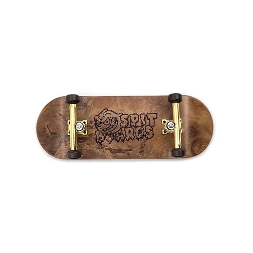 SPITBOARDS 34 mm Fingerboard Complete Wood Pro Set-Up (Pre-Assembled, 5-Layers), Pro Trucks, CNC Bearing Wheels, Foam Grip Tape (Deck: Burl Wood, Trucks: Gold, Wheels: Brown)