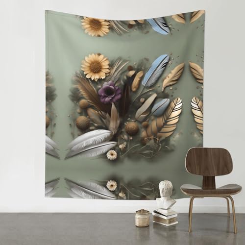 Tapisserie plume et fleur tenture murale en tissu pour déco chambre et dortoir