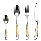 Set di posate da 24 pezzi in oro – Posate in acciaio inox argento per 6 persone con coltello, forchetta, cucchiaio, finitura a specchio e lavabili in lavastoviglie – Design a fiocco dorato