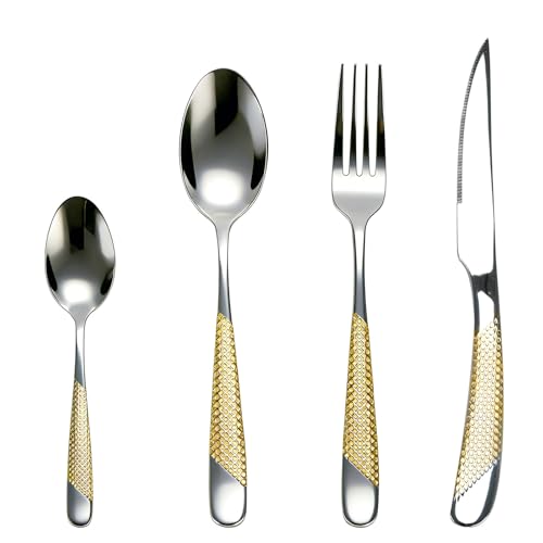 Set di posate da 24 pezzi in oro – Posate in acciaio inox argento per 6 persone con coltello, forchetta, cucchiaio, finitura a specchio e lavabili in lavastoviglie – Design a fiocco dorato
