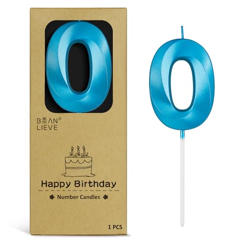 BEAN LIEVE 2.76 Inch Blue Number Candle 0 - Elegant Diamond-Cut Number Birthday Candles,Birthday Cake Topper for Wedding, Anniversary, Birthday Party Decor