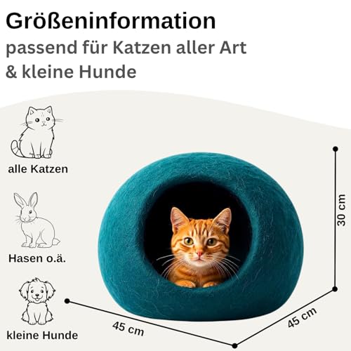XL Katzenhöhle Katzenbett Katzenhaus – feinste Romney Wolle – kräftig gefilzt – außen robust & innen kuschelig weich – waschmaschinenfest (Petrol)