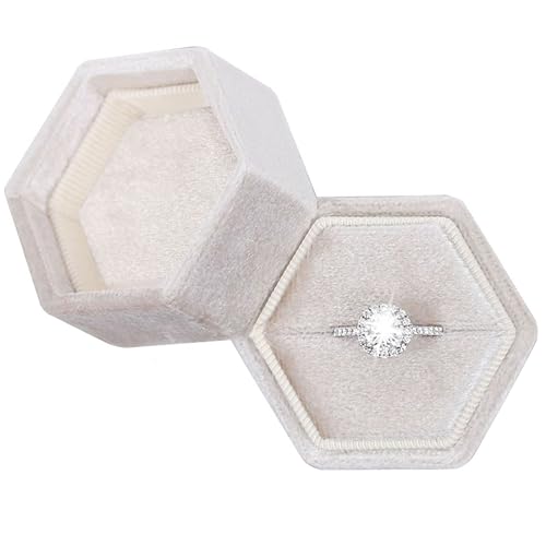Hexagon Velvet Jewelry Single Slot Ring Box Engagement Wedding Box Keepsake Box Bridal Photo Ring (Beige)