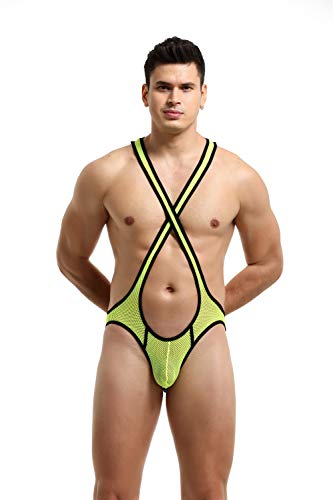 4UFiT Mens Mesh Wrestling Singlet Jockstrap Bodysuit Active Underwear Yellow