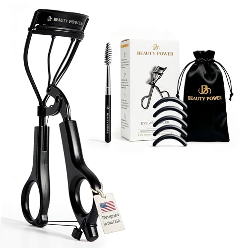 Beauty Power Eyelash Curler - Precision Lash Lift in Seconds with 5 Replacement Pads, Eyebrow Brush & Satin Travel Bag - Gentle & Safe, Stainless Steel for Perfect Extra Curls - Gift Idea (Extra Curl)
