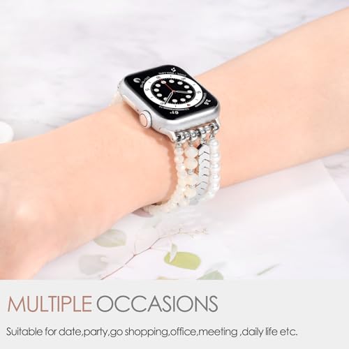 Image of MOFREE Beaded Bracelet Compatible with Apple Watch Band 38mm /40mm /41mm /42mm, Fashion Elastic Stretch Women Bands for iWatch Series 11 /10 /9 /8 /7 /SE /6 /5 /4 /3 /2 /1 iPhone Watch Strap Bands (White /Yellow)