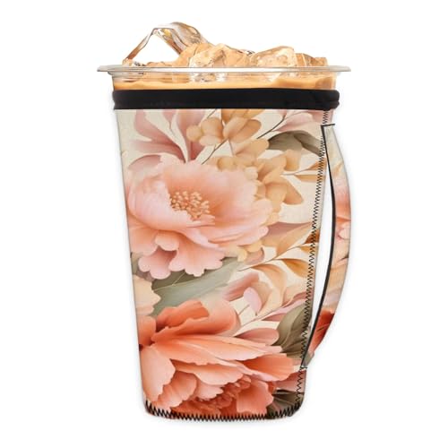 Peony Watercolor Reusable Neoprene Coffee Sleeve with Handle Insulated Iced Coffee Cup Holder Reduces Condensation Fits 24-28 oz Cups M