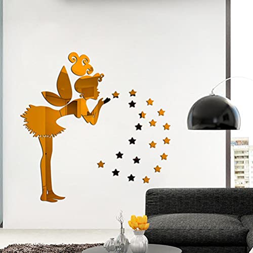 3D-Spiegel-Wandaufkleber, DIY-Acryl-Feen-Stern-Raumdekoration mit Wanddekoration für, Fee, Kleines Mädchen (Silber)
