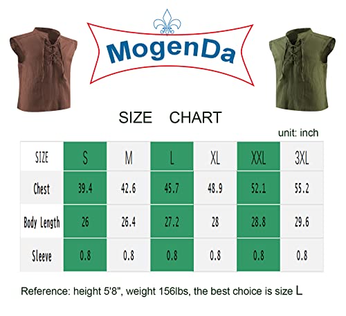 Mogenda Mens Medieval Renaissance Pirate Costume Sleeveless Lace-Up Stand Collar Shirt Gothic Viking Steampunk Top Tunic (M, Brown) #TOP6