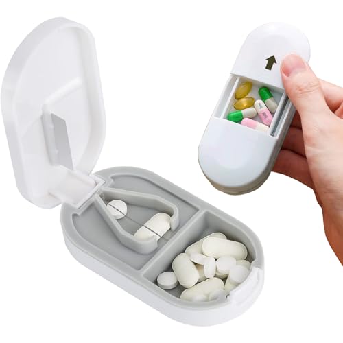 Coupe pilule, pilulier 2 en 1 pour petits comprimés avec distributeur - Pilulier portable pour petits ou grands comprimés avec lame en acier inoxydable, pilules, vitamines, comprimés (Blanc)